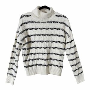 Joie Alpine Striped Cable Knit Turtleneck Cream Black Cozy‎ Sweater Size Medium
